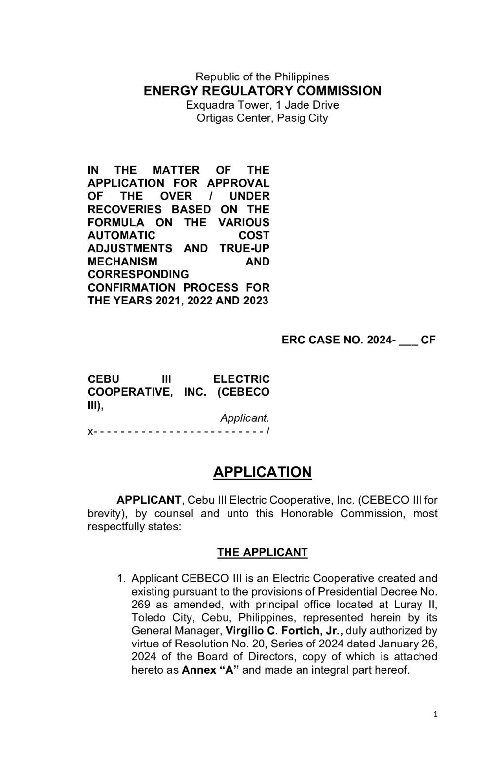 ERC CASE NO. 2024-033 CF – APPLICATION – CEBECO III
